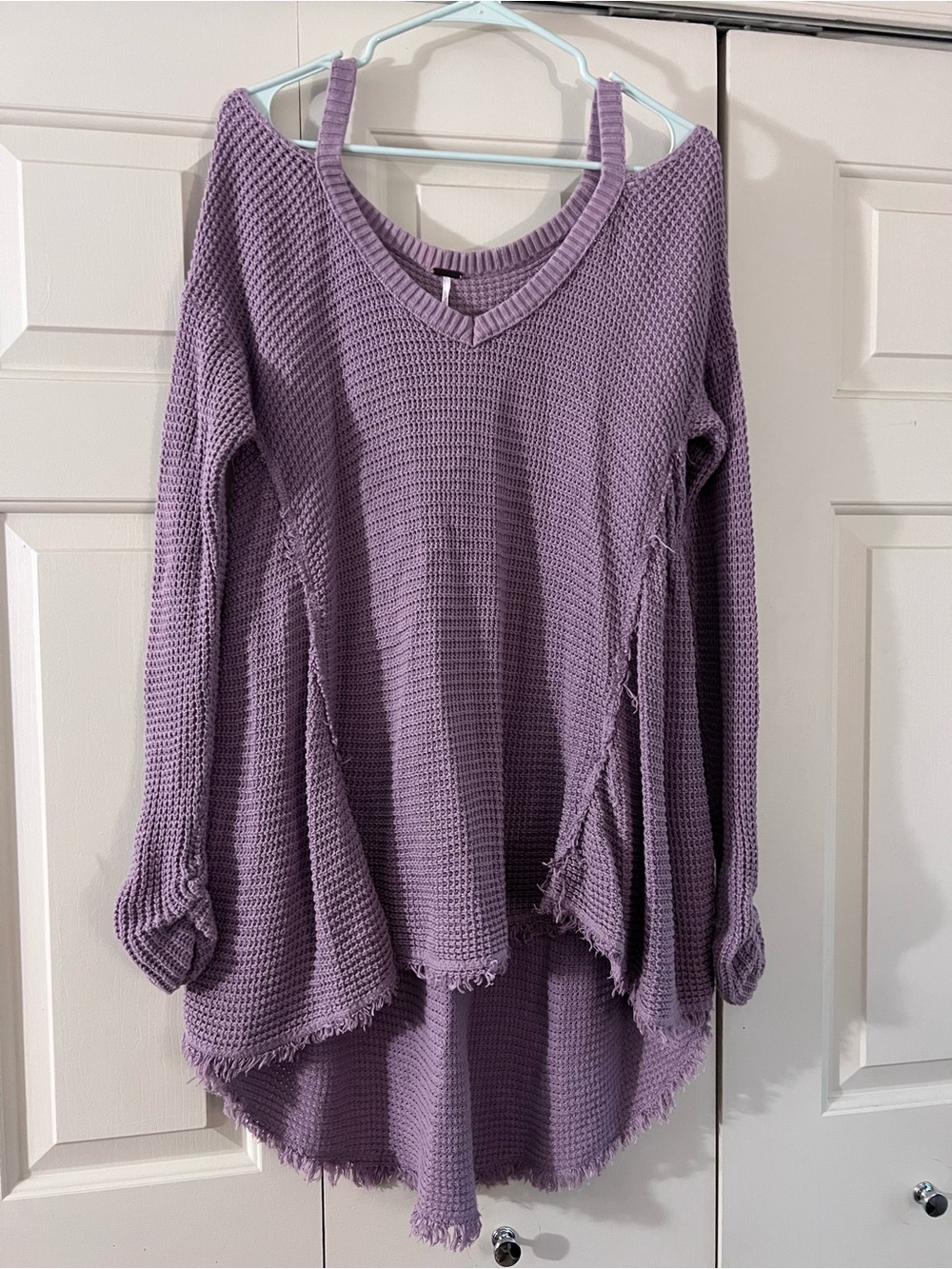 Free People- Lavender Off The-Shoulder Flowy Waffle Knit Sweater